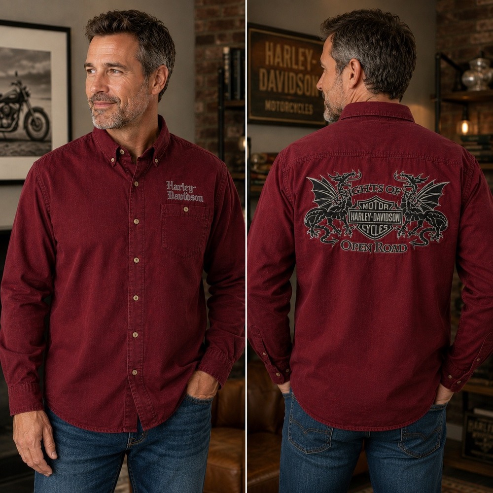 Harley Davidson Mens Burgundy Knights of the Open Road Dragon‎ Embroidered Shirt